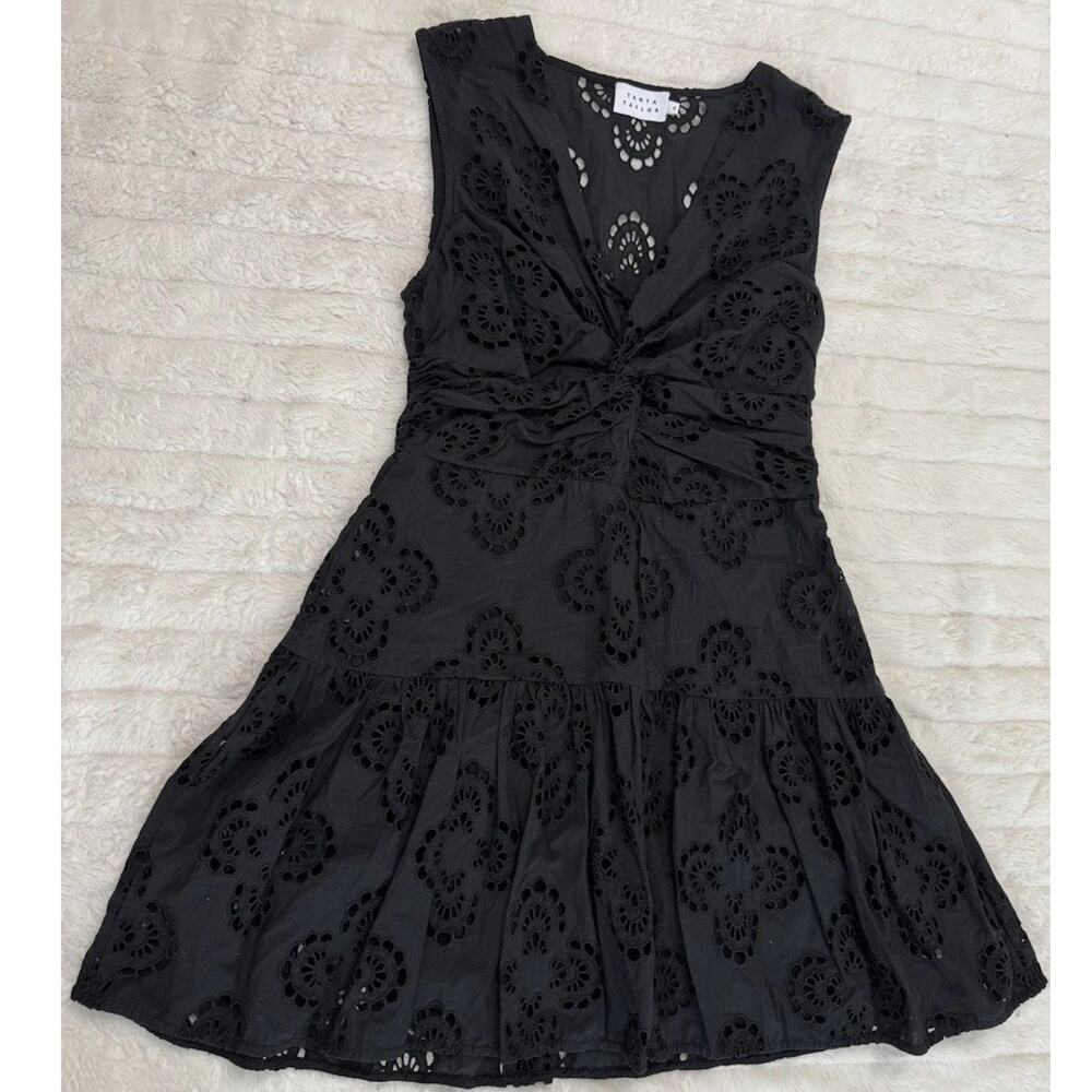 Tanya Taylor Black Eyelet Cotton A-Line Dress Floral Lace Sleeveless 8